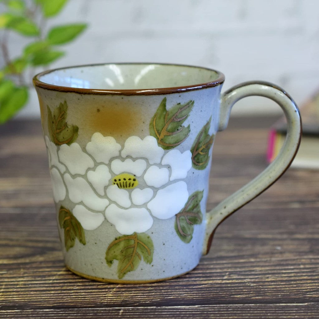 Elegant Kutani Porcelain Mug - White Peony Design, Premium Japanese Tableware, Stylish Drinkware for Home and Office Use, High-Quality Ceramic Coffee Cup