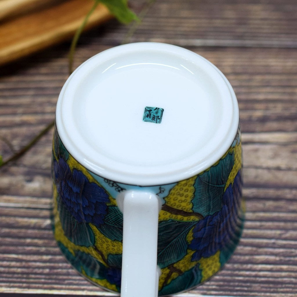 Waza no Kura Kutani Porcelain Mug with Peony Design - High-Quality Japanese Tableware, Perfect Gift for 77th Birthday Celebrations, Made in Japan. Teaware