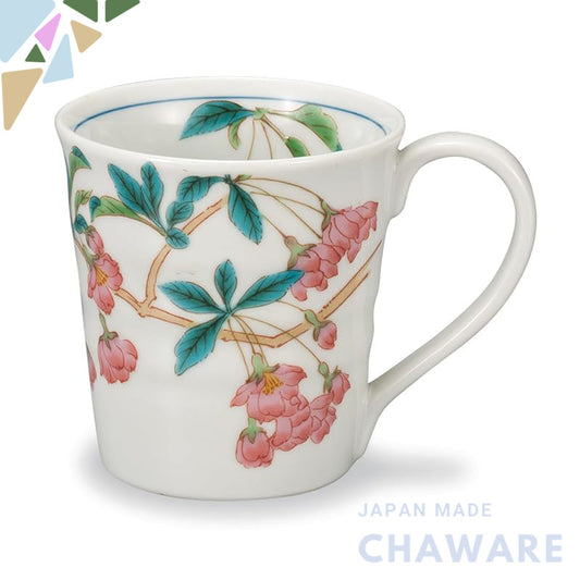 Kutani Pottery Iwataya Floral Mug with Flowering Crabapple Design AP7-0806 - Elegant Japanese Craftsmanship for Tea and 