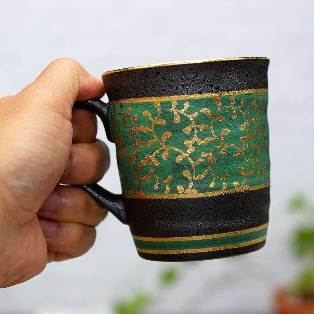 Elegant Kutani Ceramic Mug - Green Kintōkusa Design, Premium Quality, Japanese Brand, Stylish Tableware for Home and Giftschaware