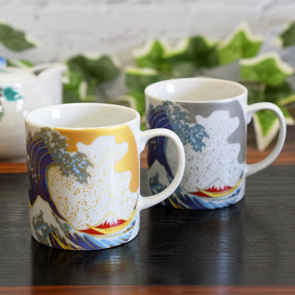 Stylish Pair of Kutani Porcelain Mugs from Waza no Kura - High-End Hokusai Wave Design Tableware, Made in Japan. Perfect Gift for Art Lovers and Tea Enthusiasts.chaware