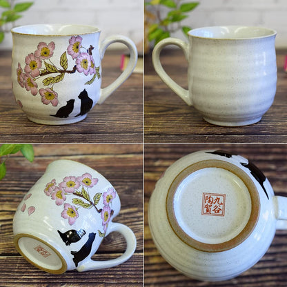 Stylish Kutani Porcelain Mug - High-Quality Japanese Tableware with Cherry Blossom and Cat Design, Perfect Gift for Pet Lovers and Tea Enthusiasts.chaware