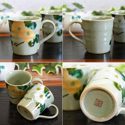 Stylish Pair of Waza no Kura Kutani-Yaki Ceramic Mugs - Premium Gold and Silver Camellia Design, High-End Japanese Tableware, Made in Japan.chaware