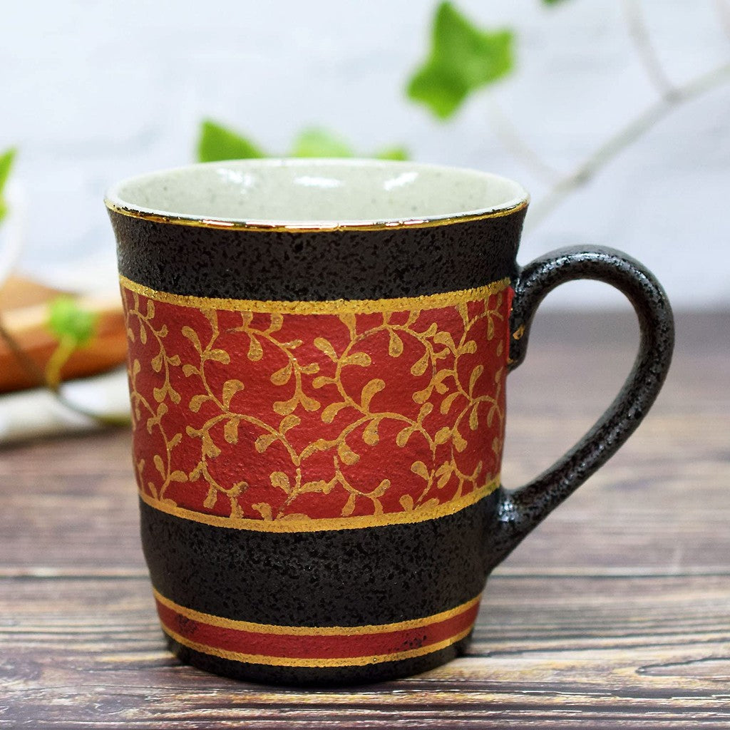Elegant Kutani-Style Mug - Premium Red Ceramic Mug with Gold Ivy Pattern, High-Quality Japanese Tableware, Perfect for Stylish Dining Experiencechaware