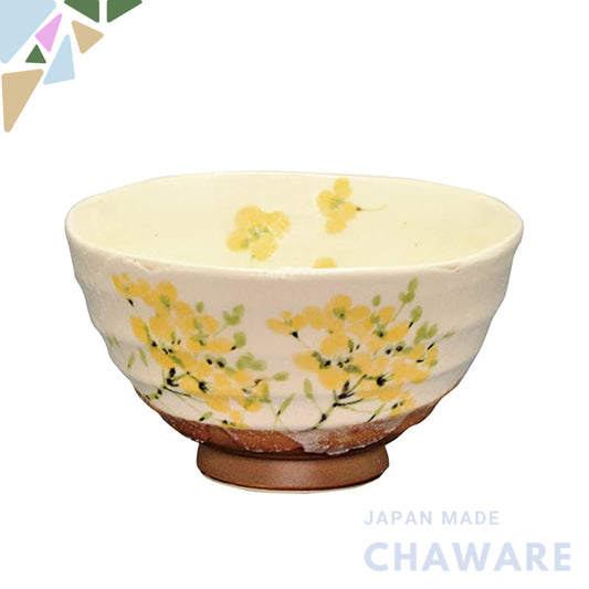 【made in japan】
Yutakagama Rikyū Tea Bowl in White with Seasonal Flower Design - March's Nanohana (Rapeseed) Theme, Perf