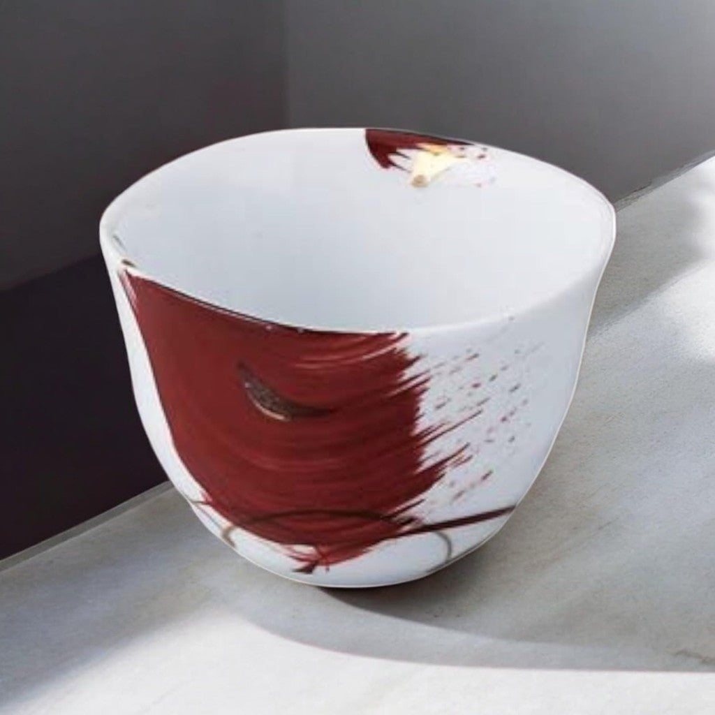 【made in Japan】Takumi Bifuu Arita-yaki Tea Cup, Red Brushstroke Design, Irregular Shape, Small, Japanese Made, Perfect for Tea Lovers