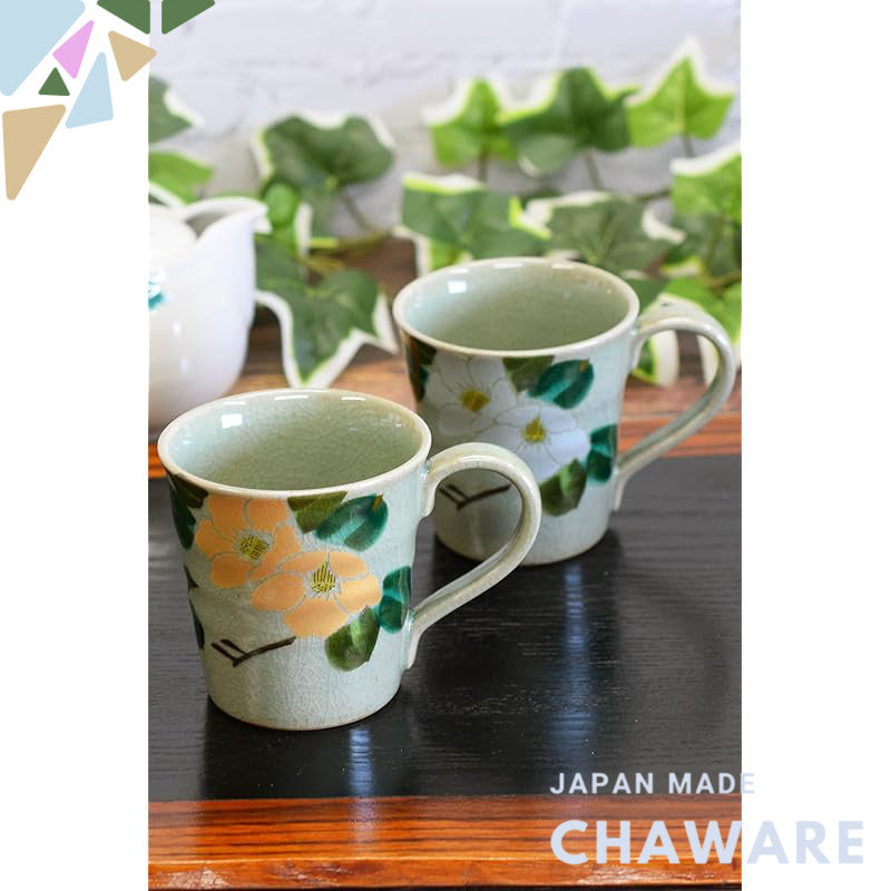 Stylish Pair of Waza no Kura Kutani-Yaki Ceramic Mugs - Premium Gold and Silver Camellia Design, High-End Japanese Table