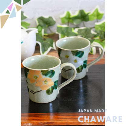 Stylish Pair of Waza no Kura Kutani-Yaki Ceramic Mugs - Premium Gold and Silver Camellia Design, High-End Japanese Table
