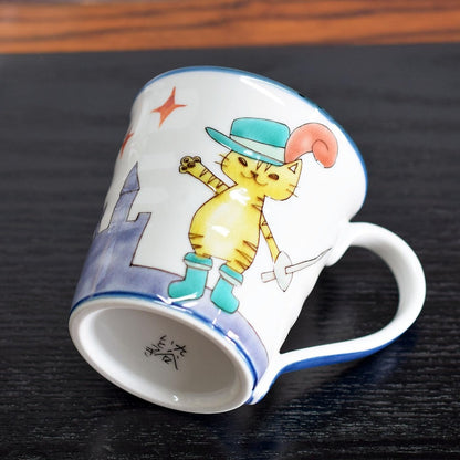 Stylish Kutani Ceramic Mug - The Cat in Boots Design, Premium Quality Tableware, Japanese Made, Perfect for Tea or Coffee Lovers.chaware