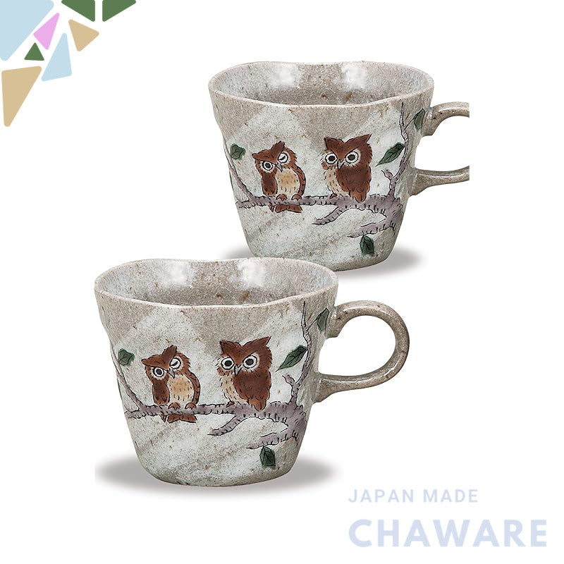 Stylish Japanese Kutani-Yaki Owl Ceramic Mug Set - Premium Quality Pair from Waza no Kura, Elegant Tableware, Made in Ja