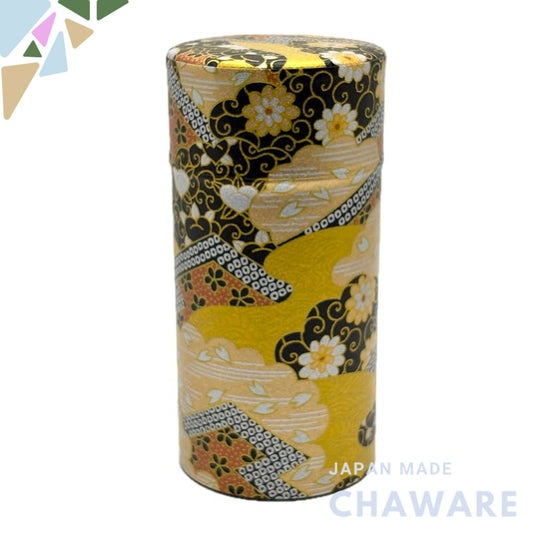 Kumataro Noguchi Tea Canister - 200g Large Capacity, Japanese Washi Paper Design, Includes Inner Lid, Elegant Gold Arabe