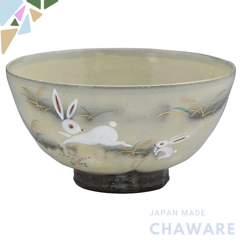 【made in japan】
Kyo-Yaki Shimizu-Yaki Hanagatsukama Large Rice Bowl Rabbit Design LGU330-01 - Elegant Japanese Ceramics 