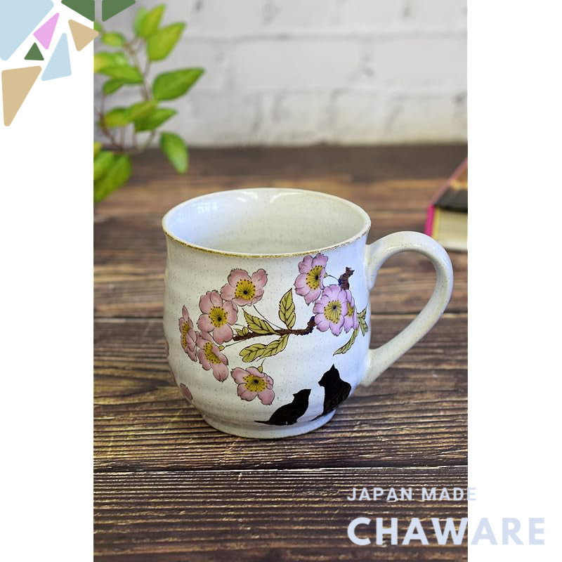 Stylish Kutani Porcelain Mug - High-Quality Japanese Tableware with Cherry Blossom and Cat Design, Perfect Gift for Pet 