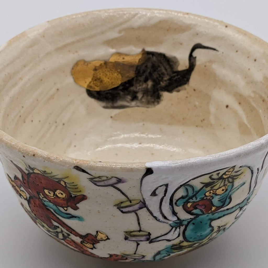 【made in japan】
Mino Ware Wada Ichihito Matcha Bowl and Tea Cup Set, Approx. 13cm, Fujin Raijin Design, Made in Japan, Model 105-0013. Perfect for tea lovers and collectors!