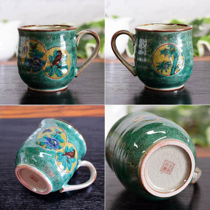 Stylish Kutani Ware Green Round Pattern Mug by Wazano Kurak, Premium Japanese Tableware, Perfect for Birthdays and Special Occasions, High-Quality Brand.chaware