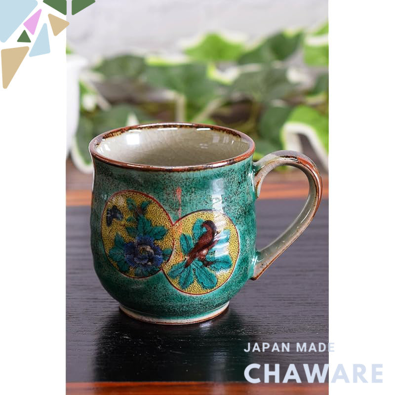 Stylish Kuta-yaki Green Round Pattern Mug by Wazano Kurak, Premium Japanese Tableware, Perfect for Birthdays and Special