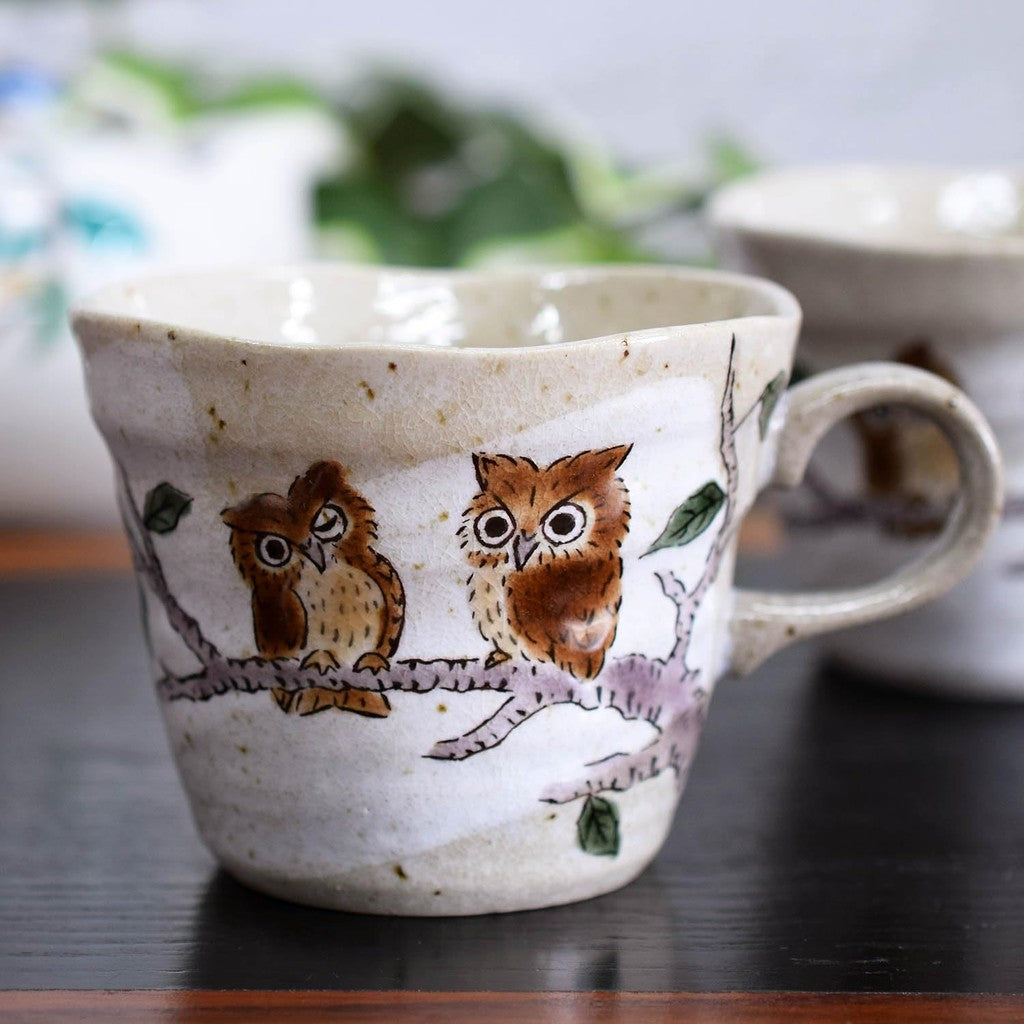 Stylish Japanese Kutani-Yaki Owl Ceramic Mug Set - Premium Quality Pair from Waza no Kura, Elegant Tableware, Made in Japan.