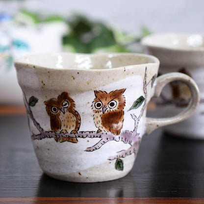 Stylish Japanese Kutani-Yaki Owl Ceramic Mug Set - Premium Quality Pair from Waza no Kura, Elegant Tableware, Made in Japan.