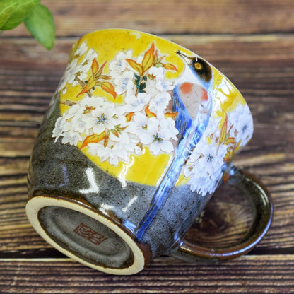 Elegant Kutani Porcelain Mug - Yoshidaya Mountain Cherry Blossom with Bird Design, Premium Quality Japanese Tableware, Stylish and High-End Gift Idea