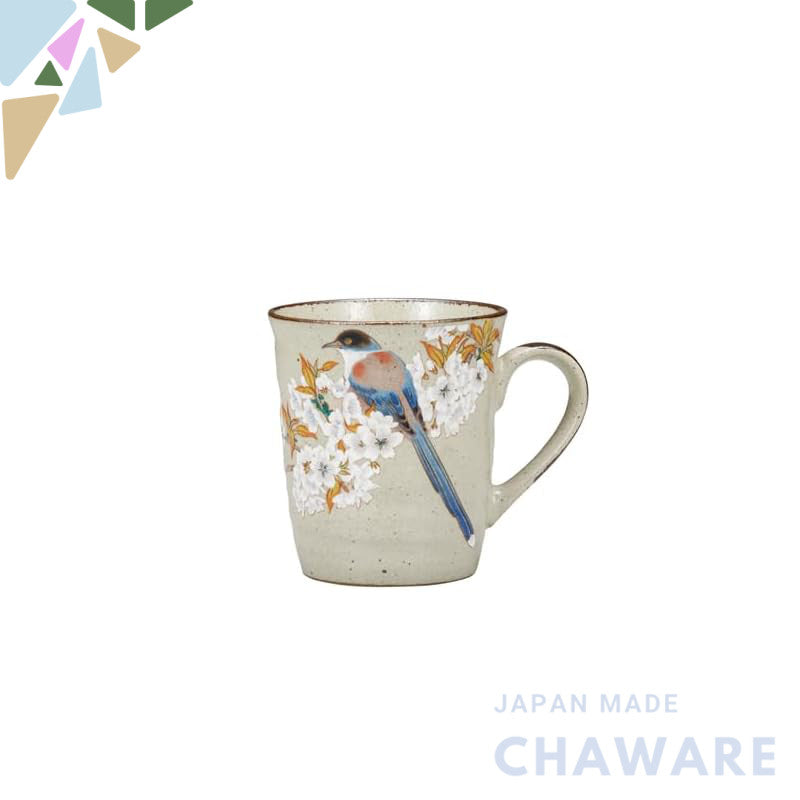 Kutani Ware Iwataya "Kutani Yaki" Mug with Mountain Cherry Blossom and Bird Design K8-824 - Handcrafted Japanese Porcela