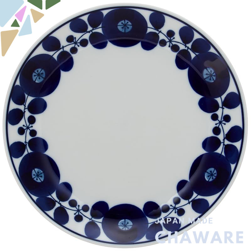 Hakusan Porcelain Blue Bloom Wreath Plate M, Approximately 19.5cm, Hasami Ware, Made in Japan - Perfect for Elegant Dini