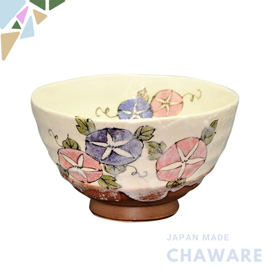 【made in japan】
Yutakagama Rikyucharawan White Tea Bowl with August Morning Glory Design - 12 Months Floral Motif - Perf