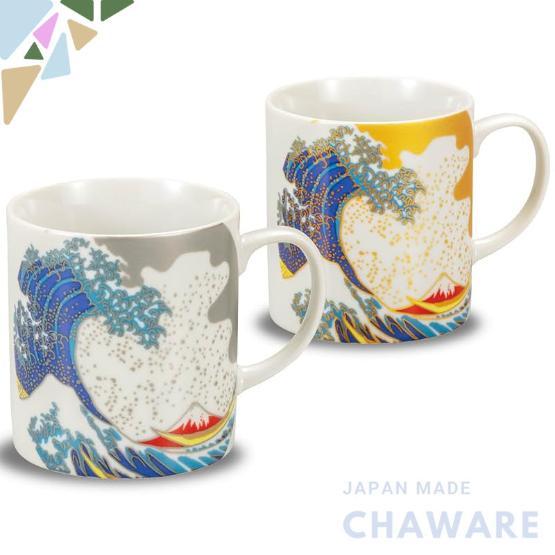 Stylish Pair of Kutani Porcelain Mugs from Waza no Kura - High-End Hokusai Wave Design Tableware, Made in Japan. Perfect