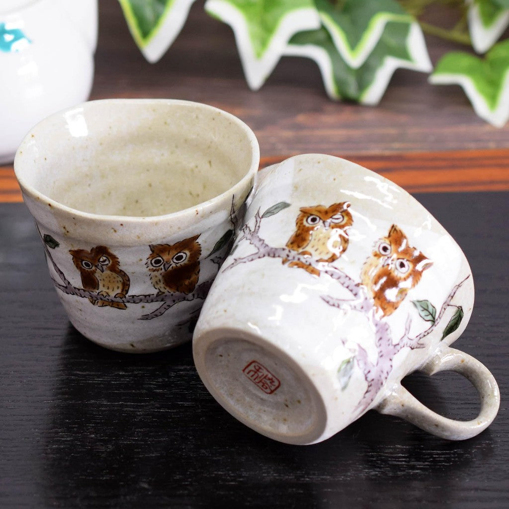 Stylish Japanese Kutani-Yaki Owl Ceramic Mug Set - Premium Quality Pair from Waza no Kura, Elegant Tableware, Made in Japan.