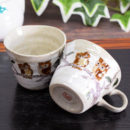 Stylish Japanese Kutani-Yaki Owl Ceramic Mug Set - Premium Quality Pair from Waza no Kura, Elegant Tableware, Made in Japan.