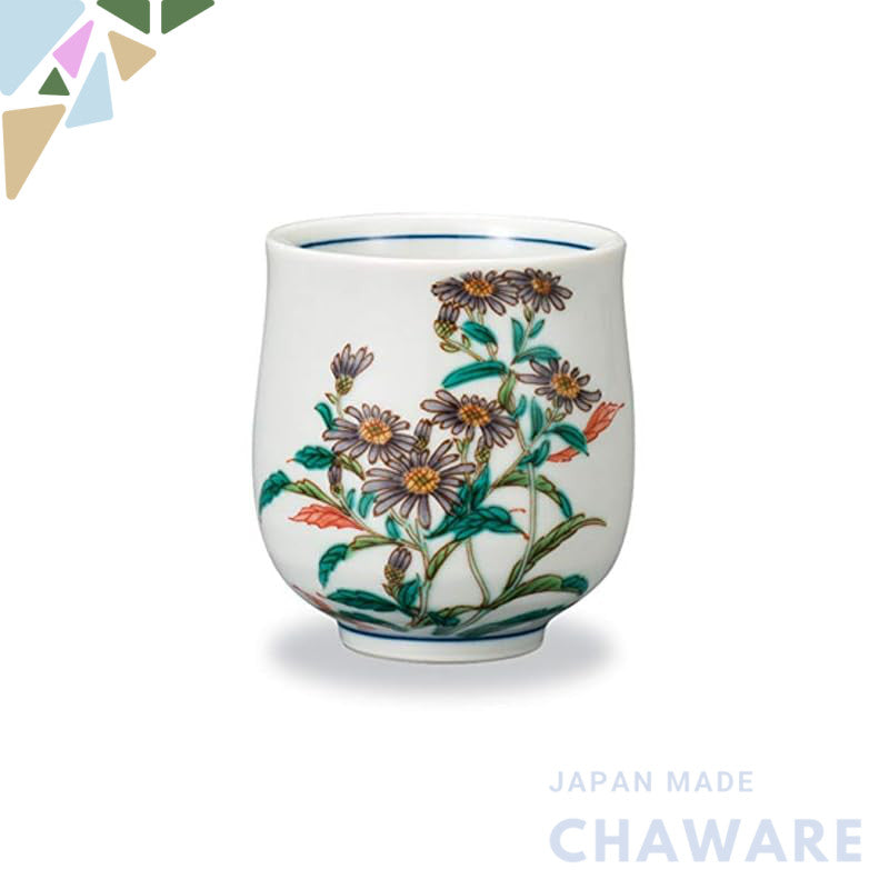 Marusan Miyamoto Kutani Ware Teacup, 7.2cm Diameter x 8.2cm Height, Seasonal Flower Design in Purple, Perfect for Enjoyi