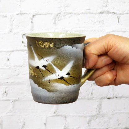 Stylish Japanese Kutani Ceramic Mug with Gold Leaf Crane Design - Premium Quality Tableware, Brand New, Made in Japan. Teacup