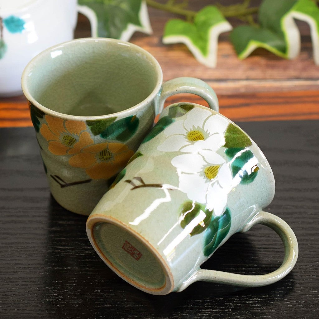 Stylish Pair of Waza no Kura Kutani-Yaki Ceramic Mugs - Premium Gold and Silver Camellia Design, High-End Japanese Tableware, Made in Japan.chaware