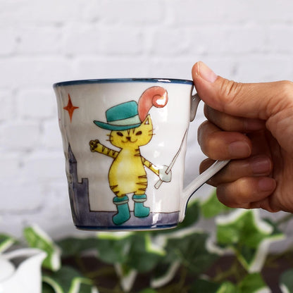 Stylish Kutani Ceramic Mug - The Cat in Boots Design, Premium Quality Tableware, Japanese Made, Perfect for Tea or Coffee Lovers.chaware