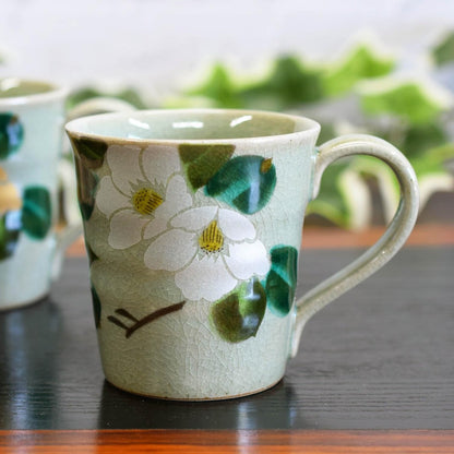 Stylish Pair of Waza no Kura Kutani-Yaki Ceramic Mugs - Premium Gold and Silver Camellia Design, High-End Japanese Tableware, Made in Japan.chaware