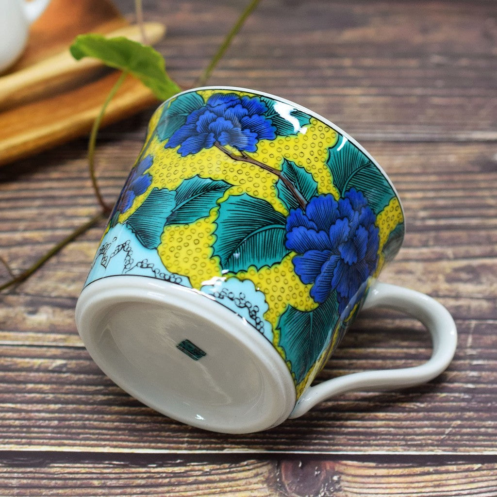 Waza no Kura Kutani Porcelain Mug with Peony Design - High-Quality Japanese Tableware, Perfect Gift for 77th Birthday Celebrations, Made in Japan. Teaware