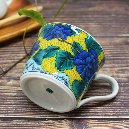Waza no Kura Kutani Porcelain Mug with Peony Design - High-Quality Japanese Tableware, Perfect Gift for 77th Birthday Celebrations, Made in Japan. Teaware
