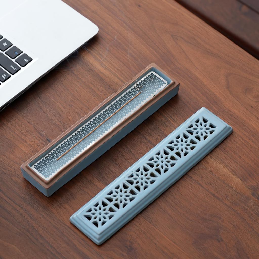 Ceramic Horizontal Coffin-Style Incense Holder with Ash Catcher & Stainless Mesh — Safe Lying Stick Incense Burner for Meditation, Yoga, Spa, Altar & Home Decor