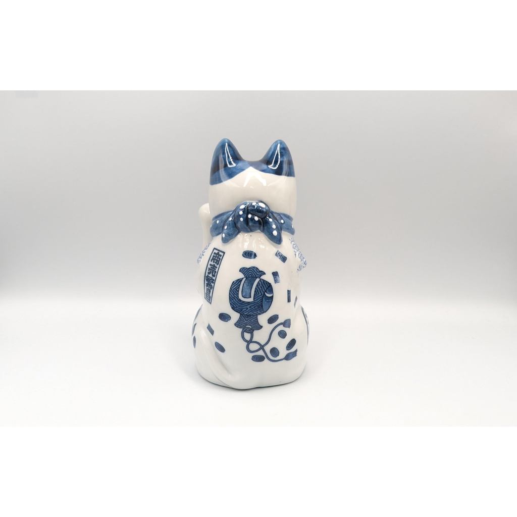 Japanese Seto Ware Blue-and-White Porcelain Maneki Neko Lucky Cat Left Paw Raised Home Decor