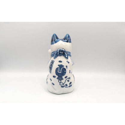 Japanese Seto Ware Blue-and-White Porcelain Maneki Neko Lucky Cat Left Paw Raised Home Decor