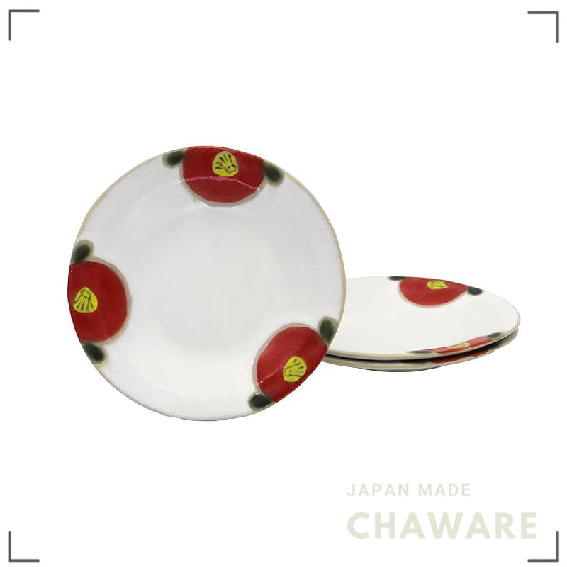 Craftsman House Seto-yaki Ceramic Side Plate 15cm Red Camellia Rustic Kominka Cafe 3pc Japan-made
