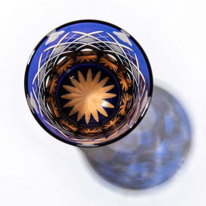 TABLEAU Edo Kiriko Tumbler Amber Cobalt Blue, Yotsuba Yarai Fish-Eye Pattern, Made in Japan Gift Box