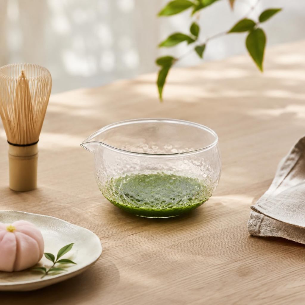 450ml Heat-Resistant Glass Pouring Bowl with Spout, Hammered Texture, Sakura Pattern for Matcha Tea