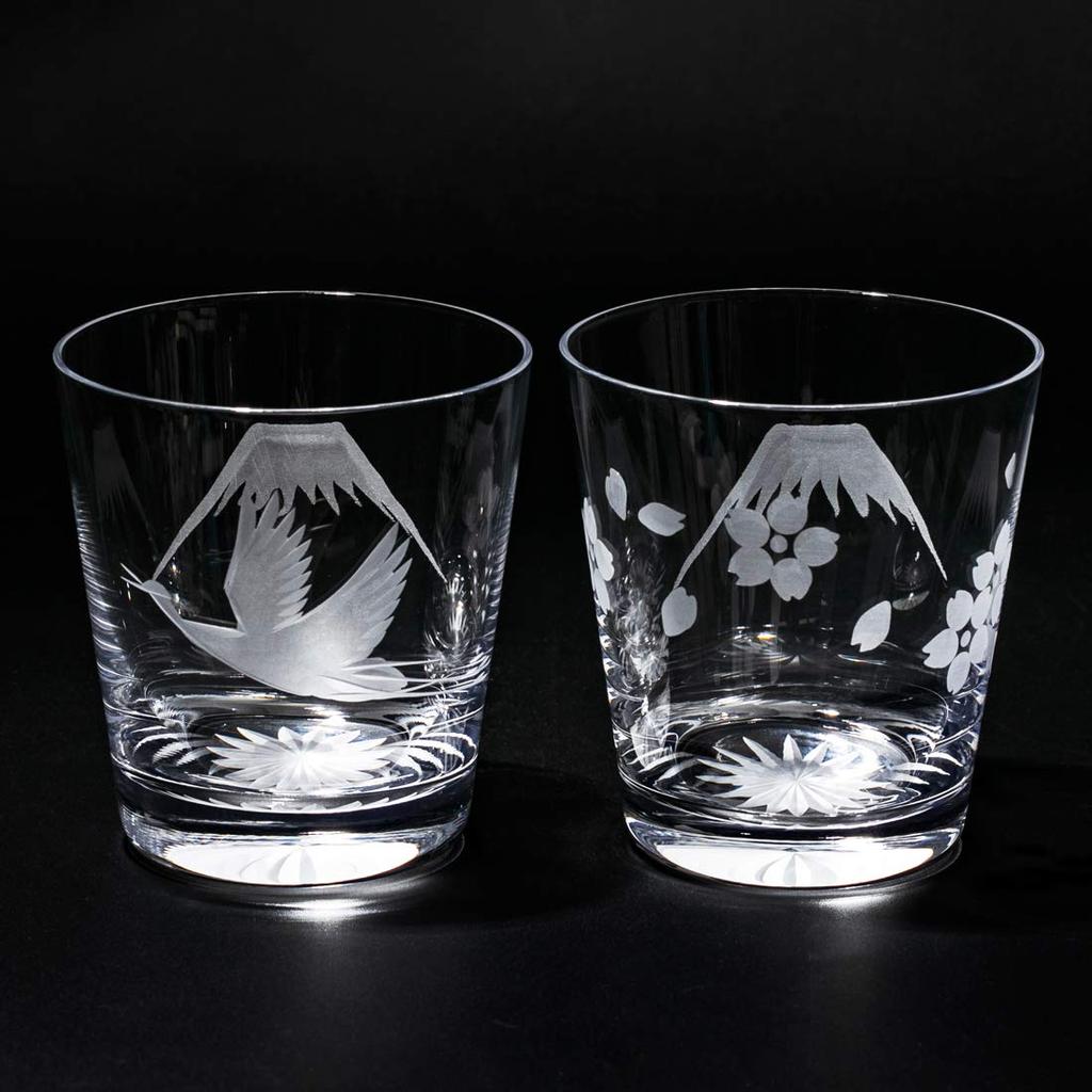 TABLEAU Edo Kiriko Mt Fuji Crane Sakura Old Fashioned Glass Pair Gift Box Made in Japan TB0036-32/33