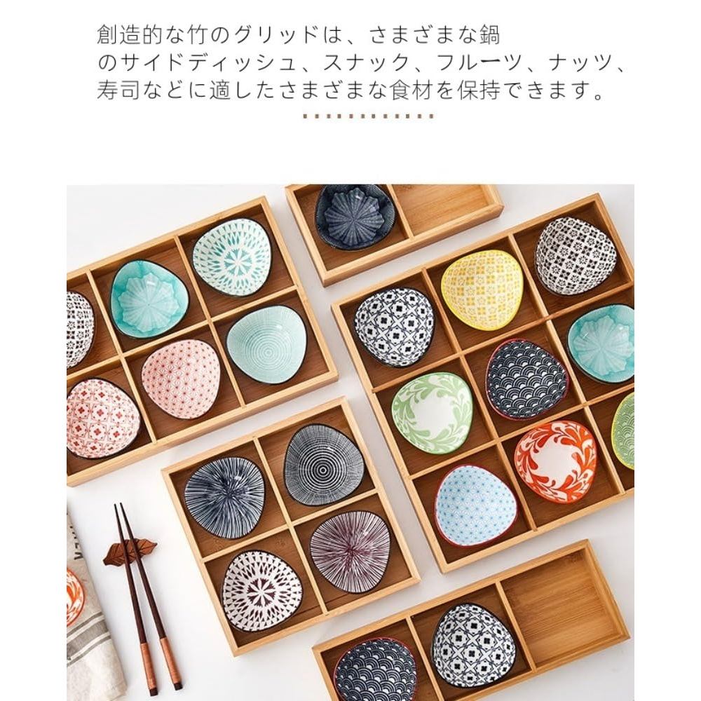 ZanLore Japanese Ceramic Small Plate Set with Bamboo Divided Tray – Lightweight Multi-Purpose Condiment, Soy Sauce & Appetizer Dishes for Home and Restaurant