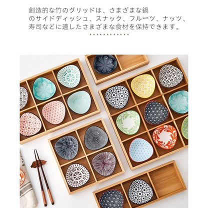 ZanLore Japanese Ceramic Small Plate Set with Bamboo Divided Tray – Lightweight Multi-Purpose Condiment, Soy Sauce & Appetizer Dishes for Home and Restaurant