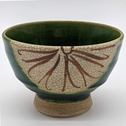 Seto Ware Oribe Green Chrysanthemum Rice Bowl, 12cm Raised-Foot — Made in Japan