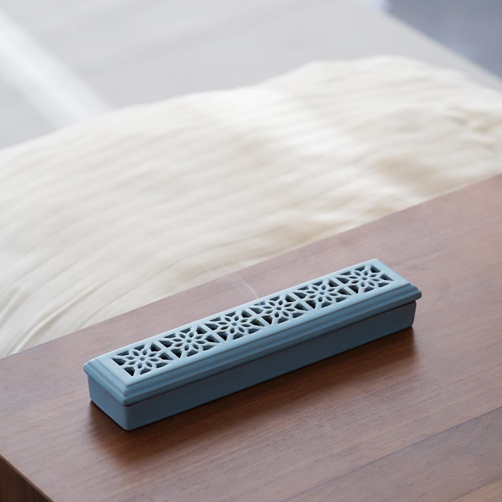 Ceramic Horizontal Coffin-Style Incense Holder with Ash Catcher & Stainless Mesh — Safe Lying Stick Incense Burner for Meditation, Yoga, Spa, Altar & Home Decor