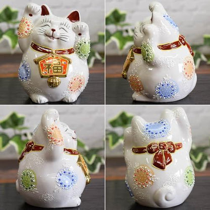 Kutani Ware Maneki Neko Figurine, Cute Japanese Lucky Cat, Both Paws Raised, Feng Shui Decor Gift