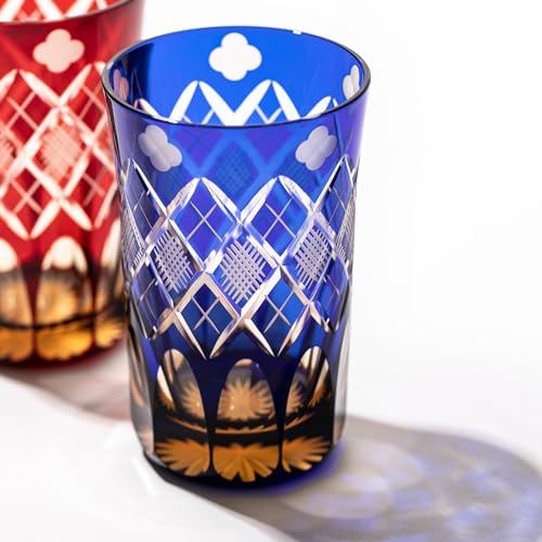TABLEAU Edo Kiriko Tumbler Amber Cobalt Blue, Yotsuba Yarai Fish-Eye Pattern, Made in Japan Gift Box