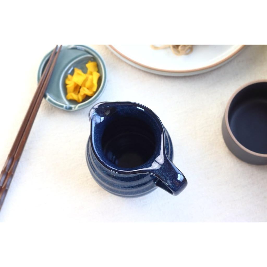 cerapockke Seto-yaki Tokkuri with Handle - Kiln-Glazed Navy Ceramic, Japan-made Sake & Sauce Pourer